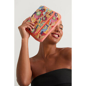 Lulus Kaleah Coral Multi Embroidered Beaded Mosaic Clutch Pink
